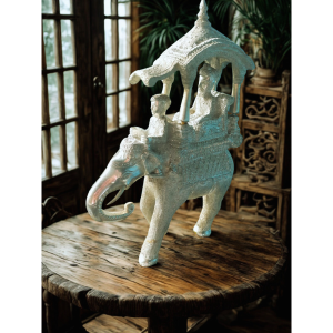 Silver White Metal Encashed On Teak Wood Howdah Elephant With Base